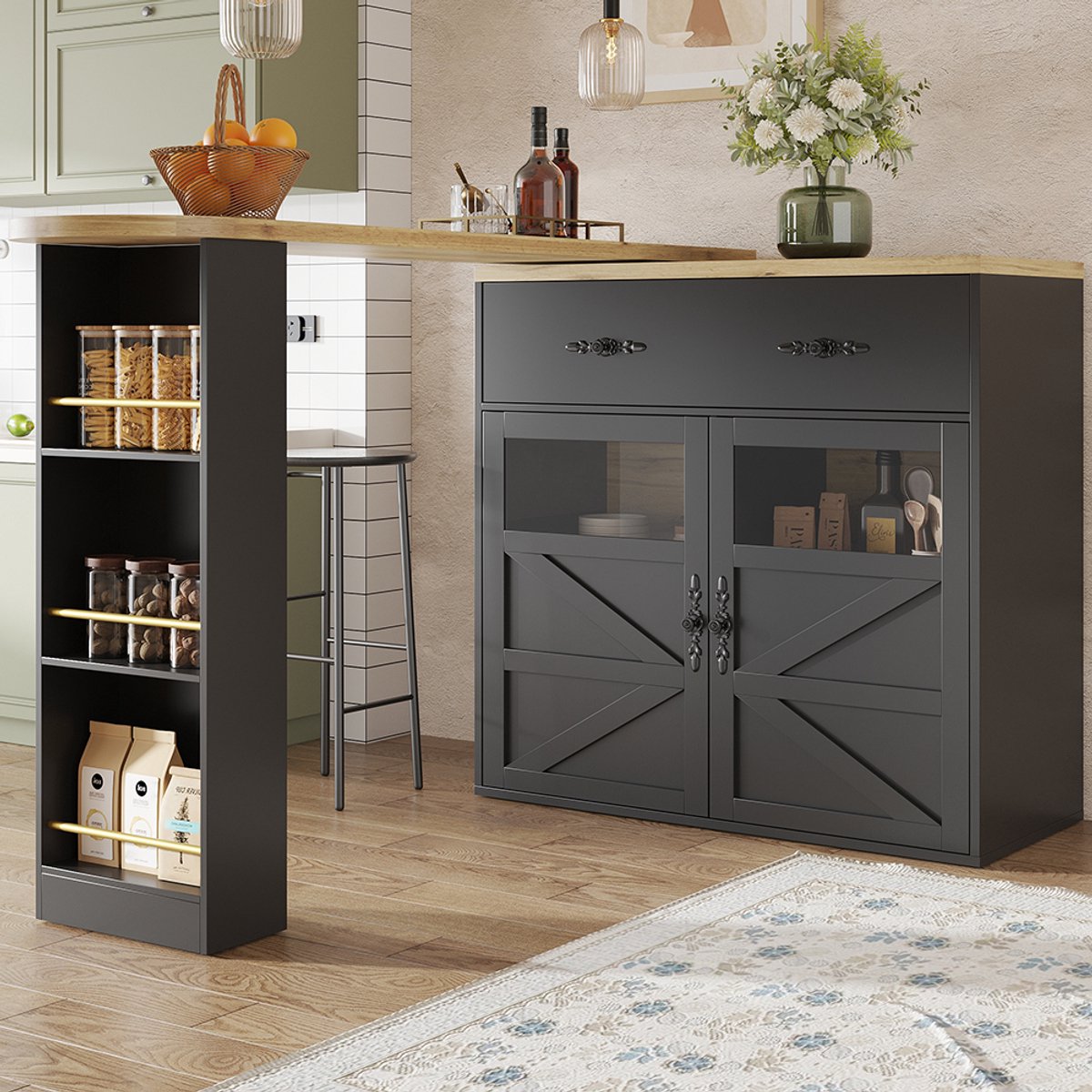 Pugsdrly Uitschuifbare bartafel met opbergruimte (138-204 × 39 × 104 cm), 360° draaibaar tafelblad, moderne en verrijdbare bartafel, hoge keukentafel, bistrotafel, buffetkast met planken, zwart