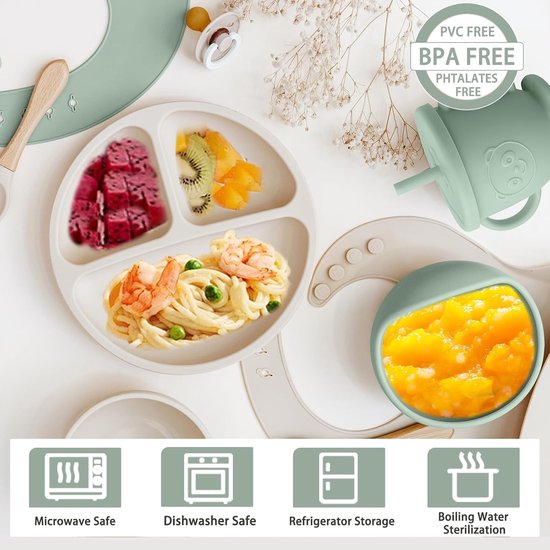 TTLUOKER 8-Delig Baby Servies Set (Siliconen) - Met Zuignapbord & Anti-Lek Beker - Vaatwasser- & Ovenbestendig - BPA-Vrij - Lichtgroen van Merkloos — afbeelding 3