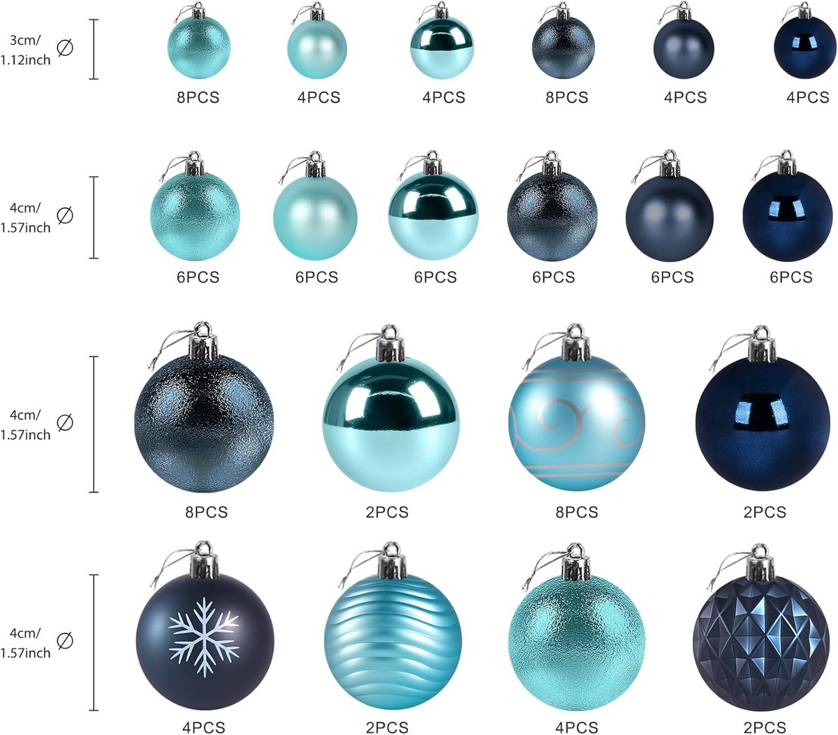 Kerstballen blauwe set - 100 stuks onbreekbare plastic kerstballen - glitterdecoratie voor kerstmis - traditionele kerstboom ornament set - hangende ballen – foto 6