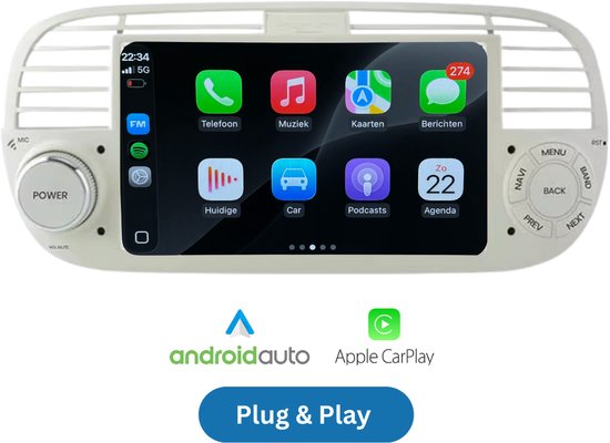 Autoradio ArFu® - Compatible avec Fiat 500 2007-2015 - Apple Carplay et Android Auto - Android 13 - Navigation HD 7 pouces - Wit - Garantie 2 ans - Écran rapide - Caméra de recul et microphone