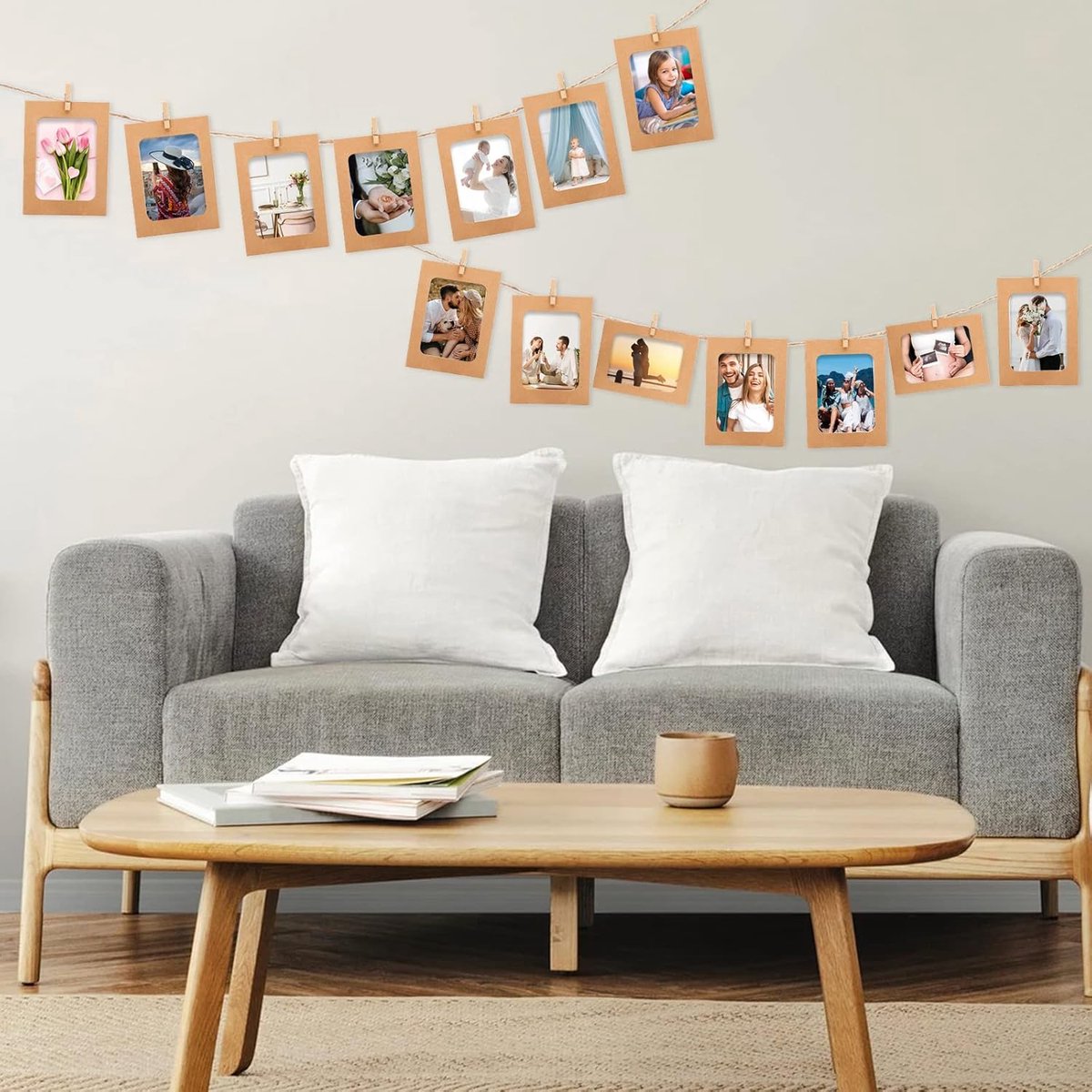Hexizexi 50 stuks 6 inch papieren fotolijsten 11,5 x 15,5 cm kleurrijke fotoslinger met 50 houten klemmen en 5 rollen hennepkoord fototassen om op te