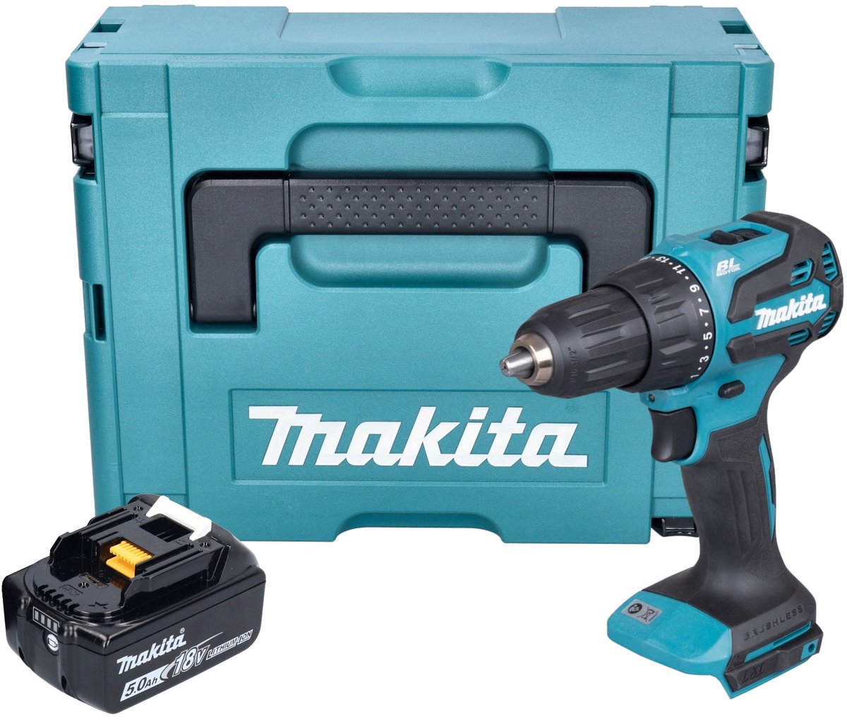 Makita DHP 490 T1J accu klopboormachine 18 V 65 Nm borstelloos + 1x oplaadbare accu 5.0 Ah + Makpac - zonder oplader
