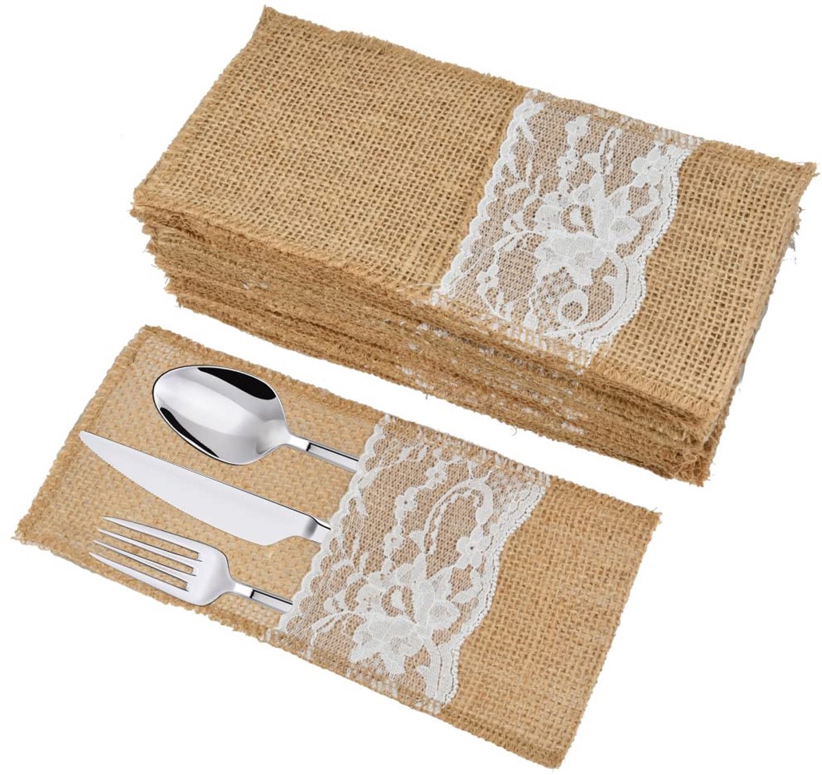 TRANKIELO® - 40-Delige Bestekzakset – Jute met Kant – Vintage Stijl – Geschikt voor Bruiloften, Feesten en Restaurants