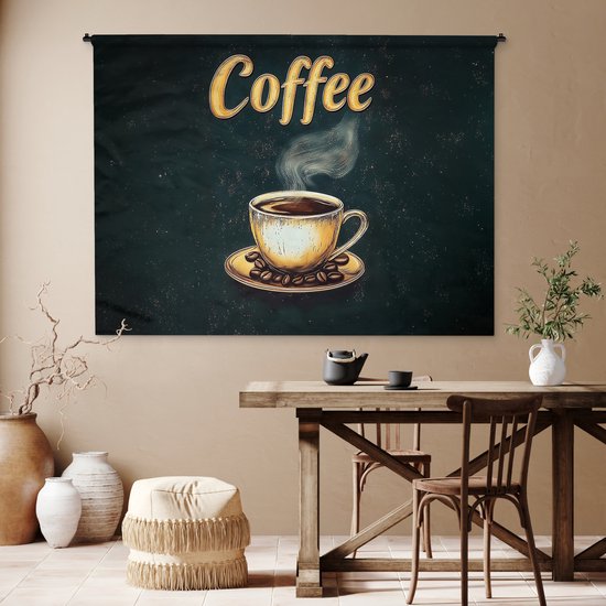 Tapisserie murale 180x135 cm - Toile murale Café - Soucoupe - Grains de café - Rétro - Tapisserie - Tapisseries