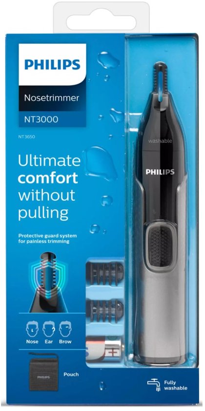 Doos Philips neustrimmer NT3000, met afbeelding van trimmer, accessoires en tekst 'Ultimate comfort without pulling'.