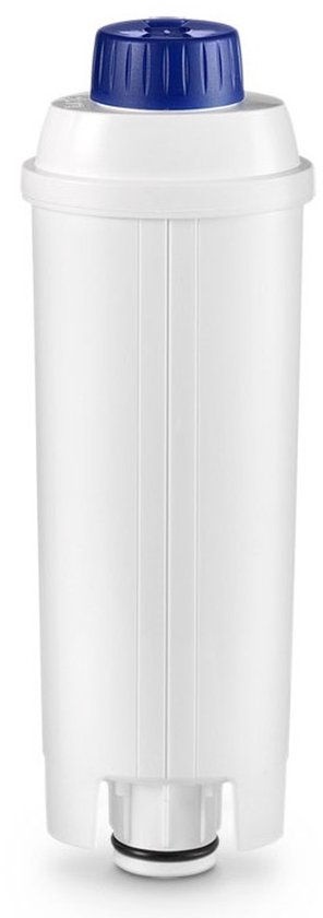 Wit waterfilter met ribbelstructuur en een gekartelde blauwe dop.