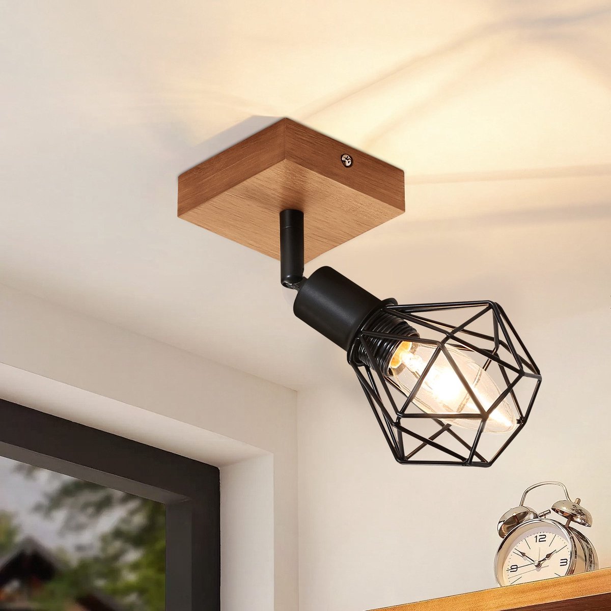 NETTLIFE Opbouwspot Hout - E14 Fitting - L 8.5cm - zwart - 1-Lichts - Vintage Plafondlamp - 350° draaibaar Plafondspot - voor Hal | Slaafkamer | Kantoor | Woonkamer - Zonder Lichtborn