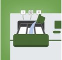 Illustration d'un tiroir de machine à laver recevant un liquide, avec des symboles de fleur et de deux barres.