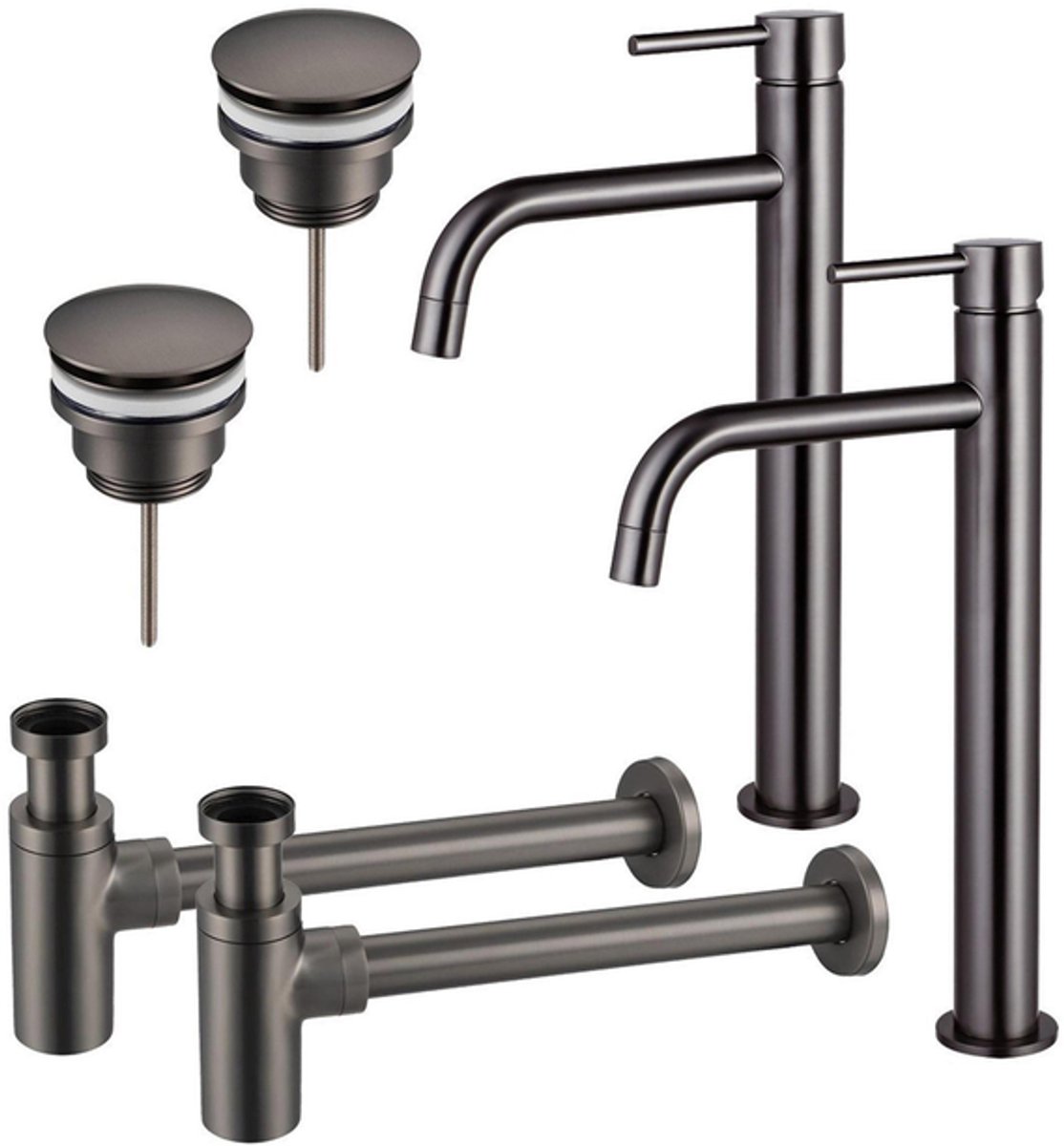 FugaFlow Eccelente Sobrado Badkamer Slim Wastafelkraanset - voor dubbele wastafel - verhoogde wastafelkraan - klikwaste plug - design sifon - PVD Gepolijst Gunmetal