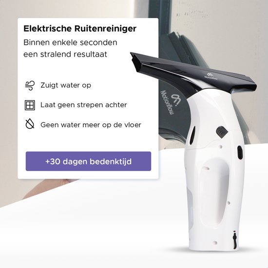 Elektrische ruitenreiniger Motionflow, wit met zwart. Zuigt water op, laat geen strepen achter en voorkomt water op de vloer.