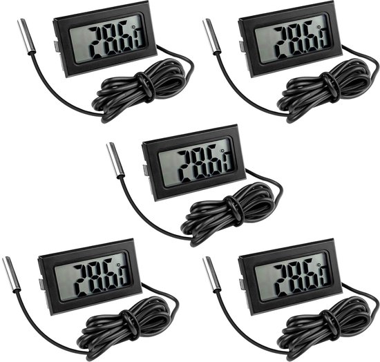 Set van 5 stuks - Aquariumthermometer met digitaal display - Met waterdichte kabelsensor - LCD-bewaking - Voor gebruik in koelkasten / vriezers / aquaria - Nauwkeurige temperatuurmeting
