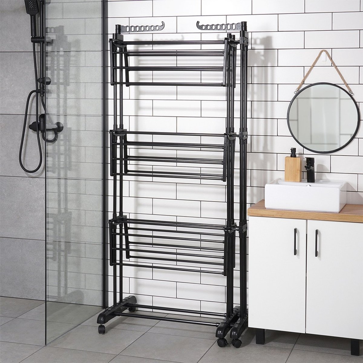 Étendoir À Linge Mobile À 4 Niveaux, Avec Roulettes, Pliable, 64 X 126 X 172 Cm Gris