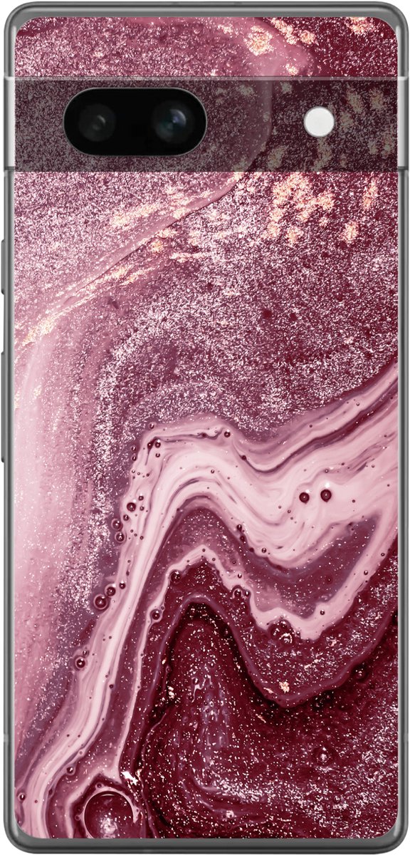 Telefoonhoesje Geschikt voor Google Pixel 7a hoesje - Natuursteen - Roze - Glitter - Siliconen Telefoonhoesje Telefoonhoesje
