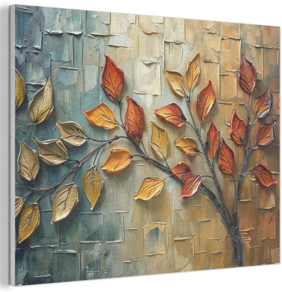 Vue détaillée d'une peinture abstraite mettant l'accent sur la texture de la branche aux feuilles oranges et jaunes.
