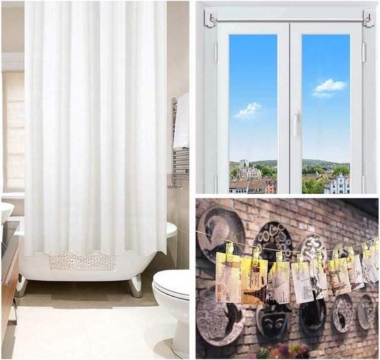 Collage van drie afbeeldingen: een witte douchegordijn, een raam met uitzicht op een stad en een muur met opgehangen ansichtkaarten.