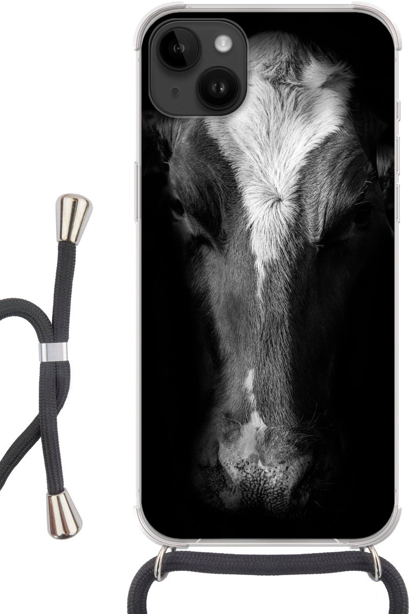 Telefoonhoesje Geschikt voor Apple Iphone 14 Max - Portretfoto koe op zwarte achtergrond in zwart-wit - Siliconen - Crossbody - Backcover met Koord - Telefoonhoesje met koord - Hoesje met touw Telefoonhoesje