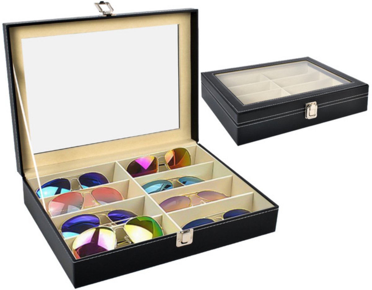 Kurtzy Sluitbare Zonnebril Display Organizer Doos – 18 Compartimenten voor 18 Brillen – 18 Slots voor Zonnebrillen, Oogwaren en Bescherming – Zwarte Unisex Zonnebrillen Bak met Deksel