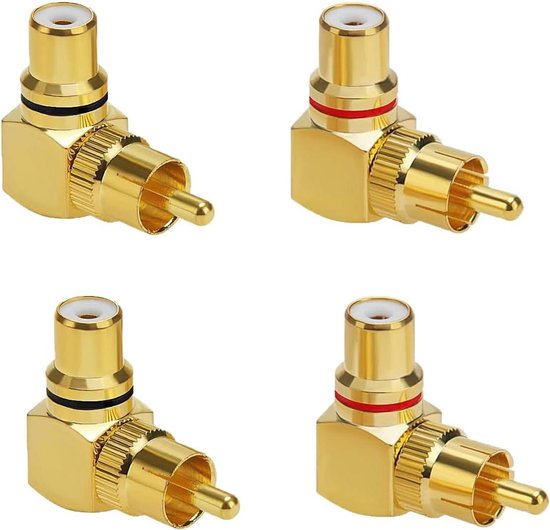 4 Stuks 90 Graden RCA-adapters, KUOQIY Vergulde Haakse Adapter, Rechte Hoek RCA Mannelijke Naar Vrouwelijke Adapter, voor Stereo Audio-aansluiting (2 Rood 2 Zwart 4 Stuks 90 Graden RCA-adapters, KUOQIY Vergulde Haakse Adapter, Rechte Hoek RCA Mannelijke Naar Vrouwelijke Adapter, voor Stereo Audio-aansluiting (2 Rood 2 Zwart