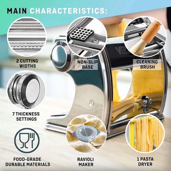 ROSSETTO Handmatige pastamachine met droger, roestvrijstalen pastamachine met 9 deegsterktes, 2 snijbreedtes, voor lasagne, spaghetti, fettuccini, ravioli-uitsteekvormpjes