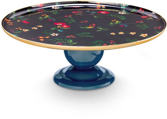 Donkerblauwe taartschaal met bloemenprint, gouden rand en gedraaide blauwe voet, van Pip Studio.
