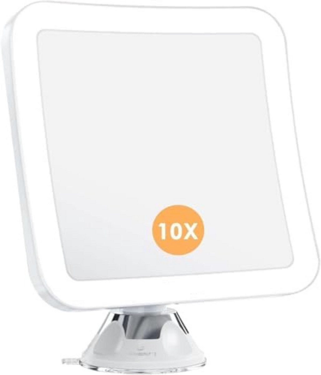 WNHB® Verlichte Make-up Spiegel met 10x Vergroting – LED Daglicht – Draadloos & Compact – 360° Draaibaar – Zuignap Bevestiging – 163mm Breed