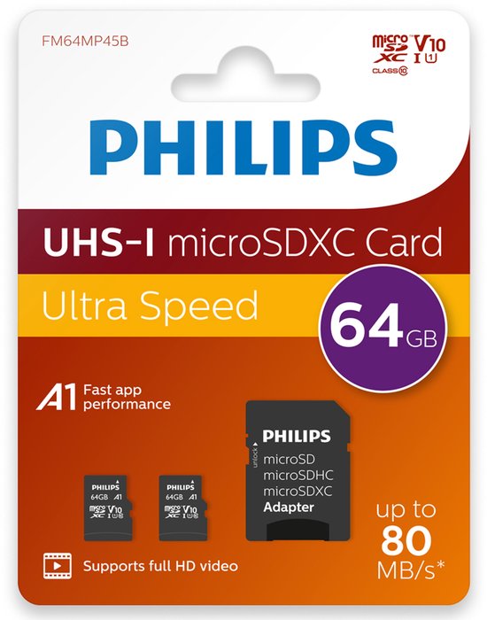 Philips FM64MP45D Carte Micro SDXC 64 Go - adaptateur inclus - Classe 10 - UHS-I U1 - 2-Pack