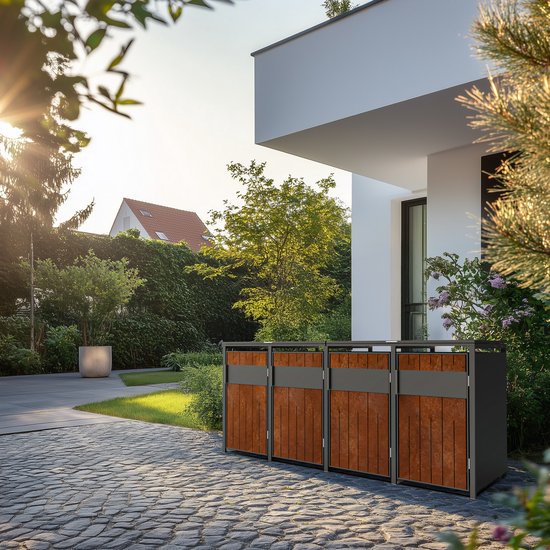 Containerberging met roestbruine deuren in een moderne tuin bij zonsondergang.