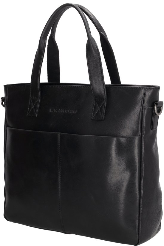 Zwarte leren tas met voorvakken en handvatten.