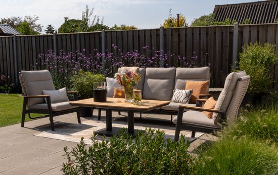 Solaro/Medina up&down verstelbare (5-persoons) stoel-bank loungeset - Zand / Teak