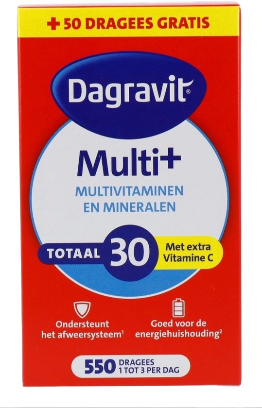 Rode doos met Dagravit Multi+ logo, 30 dragees en +50 gratis.
