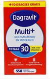 Rode doos met Dagravit Multi+ logo, 30 dragees en +50 gratis.