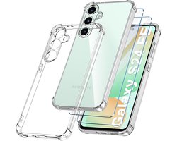 Casemania Hoesje + Glas Geschikt voor Samsung Galaxy S24 FE - Transparant - Anti Shock Back Cover + 2X Glazen Screenprotector