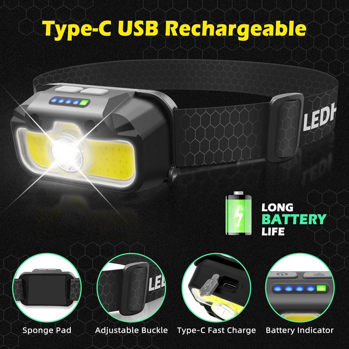 Oplaadbare hoofdlamp - Multifunctionele sensor LED-hoofdlamp - Vislamp voor op het hoofd - Verstelbare hoek - Breed lichtbereik - Superhelder en ultralicht - Ontwerp met dubbele schakelaar - Hoofdlamp voor hardlopen, wandelen, bergbeklimmen - Zwart — cadeau in Sport & Outdoor - foto 6