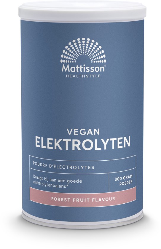 Blauwe bus Mattisson Elektrolyten Forest Fruit 300g op witte achtergrond.