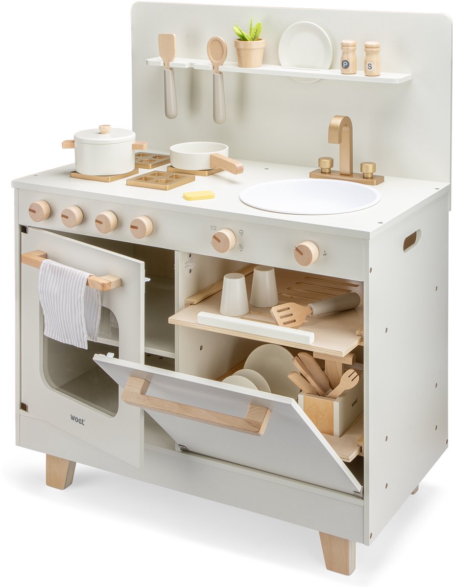 Woet® Houten Speelgoed Kinderkeuken met Vaatwasser - Speelkeukentje met Pannen, Servies, Kruidenplantje en Gouden Kraan - Speelkeuken Gebroken Wit - Werkbladhoogte 55 cm - Rollenspel - Vanaf 3 Jaar — afbeelding 5