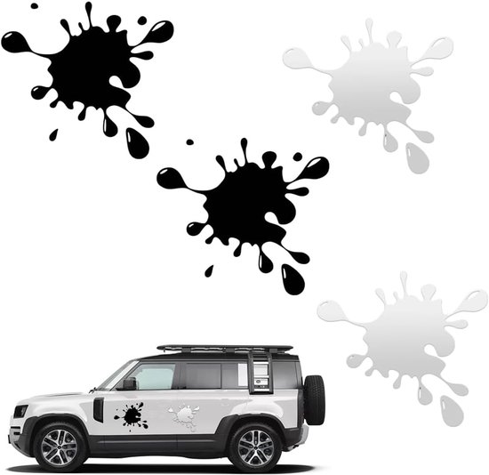 Autocollants noirs et blancs en forme de taches de peinture sur un SUV blanc.