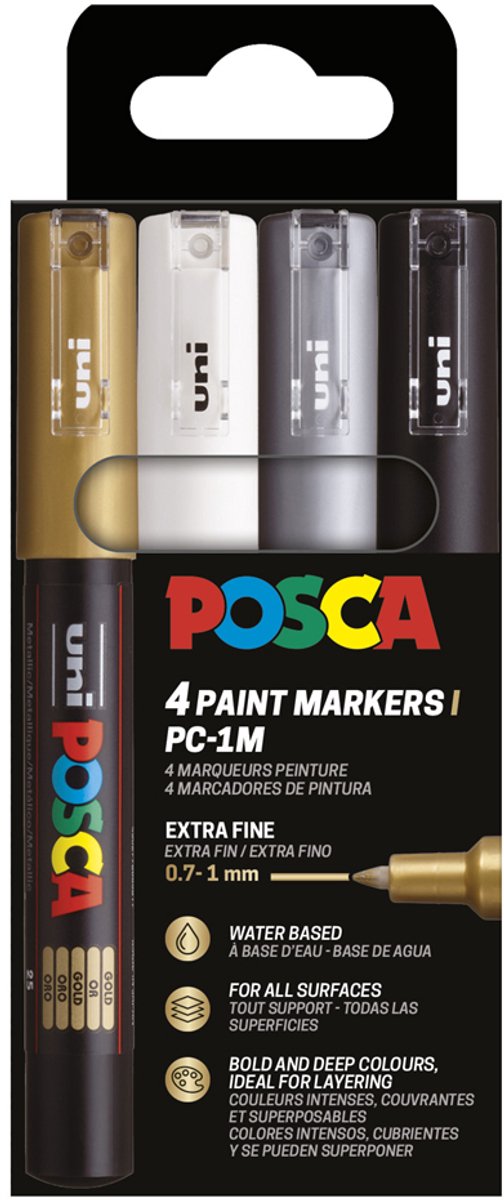 Posca verfstiften set 1MC wit/zwart/goud/zilver — afbeelding 4