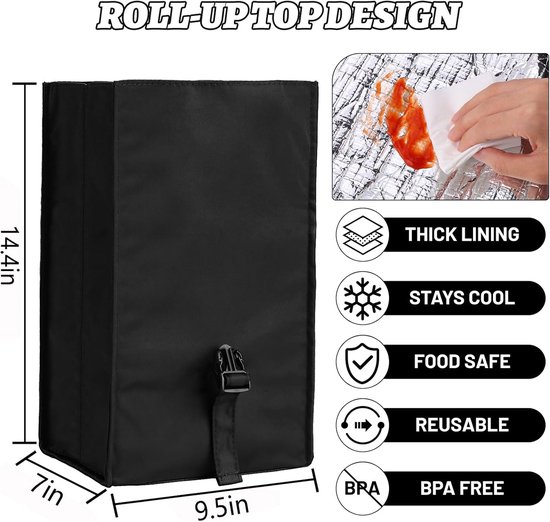 Geïsoleerde opvouwbare lunchtas met verstelbare riem - lichtgewicht draagbare lunchbox voor mannen, vrouwen, kantoor, werk, picknick, wandelen en strand (zwart (harde stof)) van Gogooda — afbeelding 5