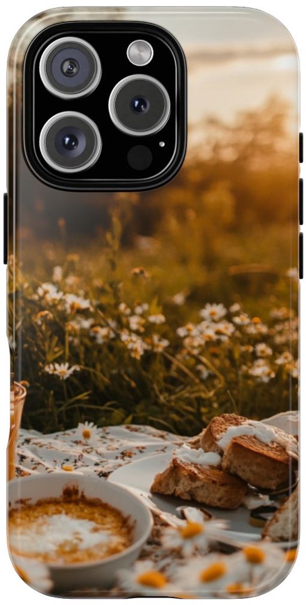Zonnig Madeliefjesveld Ontbijtscène – Telefoonhoesje Geschikt voor iPhone 16 Pro