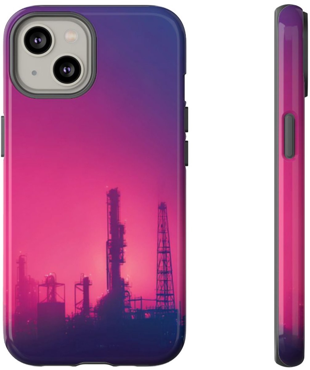 Industrieel Silhouet met Neon Gloed – Telefoonhoesje Geschikt voor iPhone 14