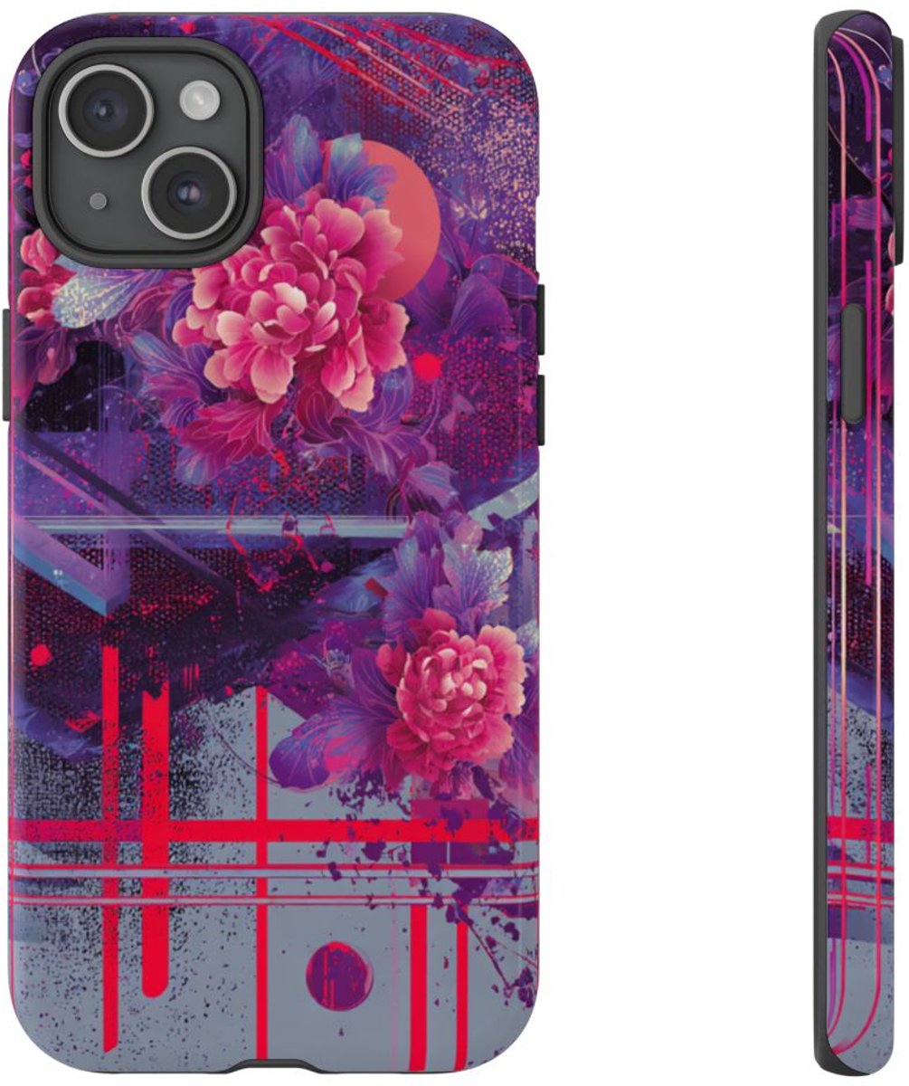 Abstracte Neonbloemen en Geometrie – Telefoonhoesje Geschikt voor iPhone 15 Plus