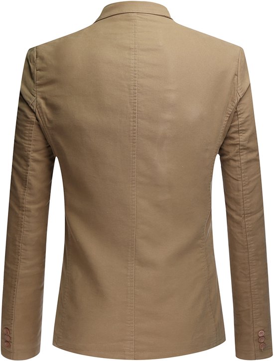 Bruine katoenen blazer, gezicht op de achterkant met één knoopsluiting en gedetailleerde naden.