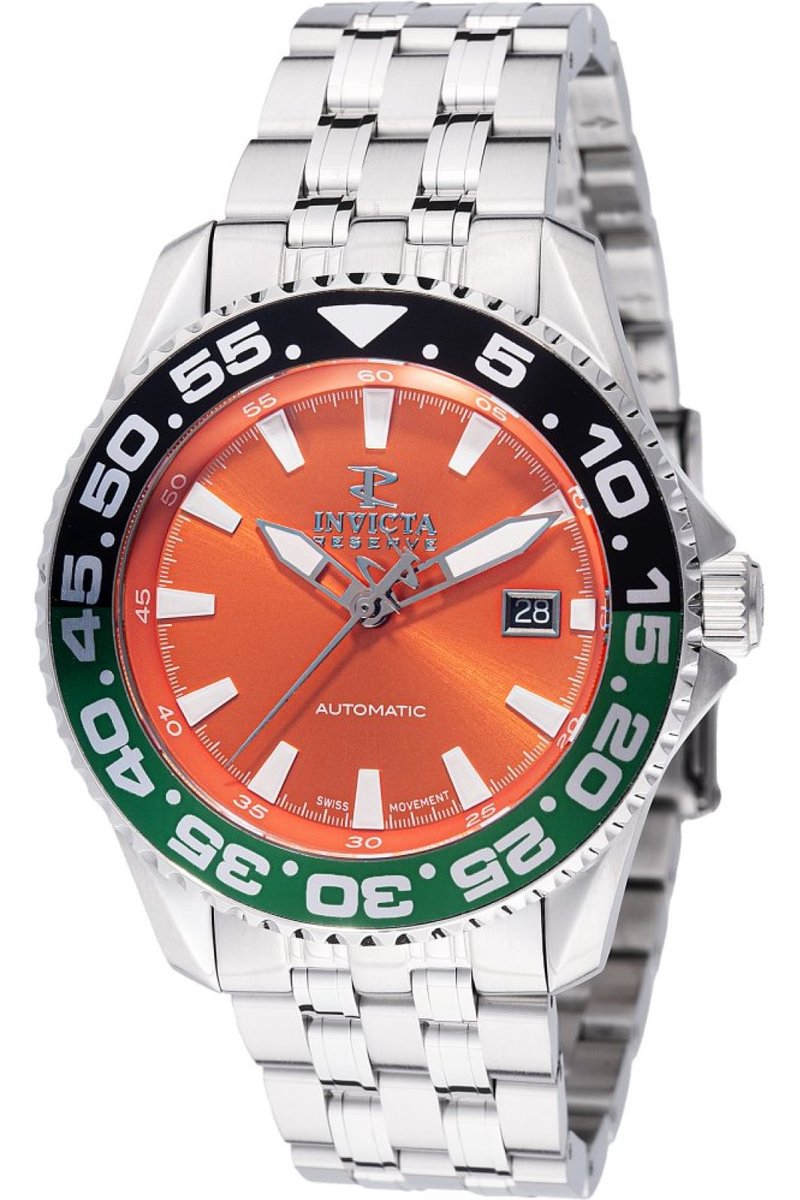 Invicta Reserve 49238 Heren Horloge - Waterdicht - Analoog - Automatisch Uurwerk - Roestvrij Staal met oranje Wijzerplaat - 44mm