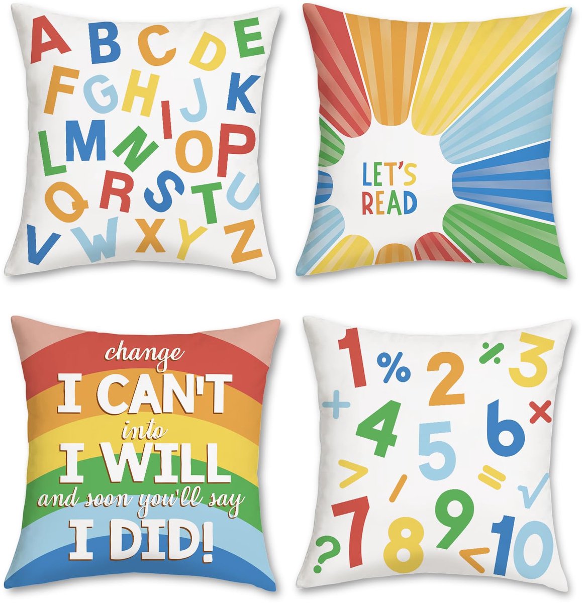 Ibenzoa Set van 4 decoratieve kussenhoezen voor kinderen met inspirerende citaten en alfabetontwerp, 45 x 45 cm, zachte fluwelen stof voor woonkamer en slaapkamer kleurijk