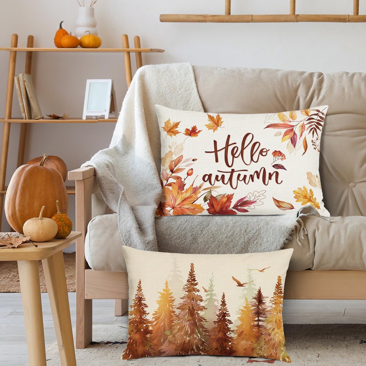 Ibenzoa Herfstdecoratie Kussenhoezen Set van 2 met Bladeren en Bomen Motief voor Woonkamer en Bank bruin wit
