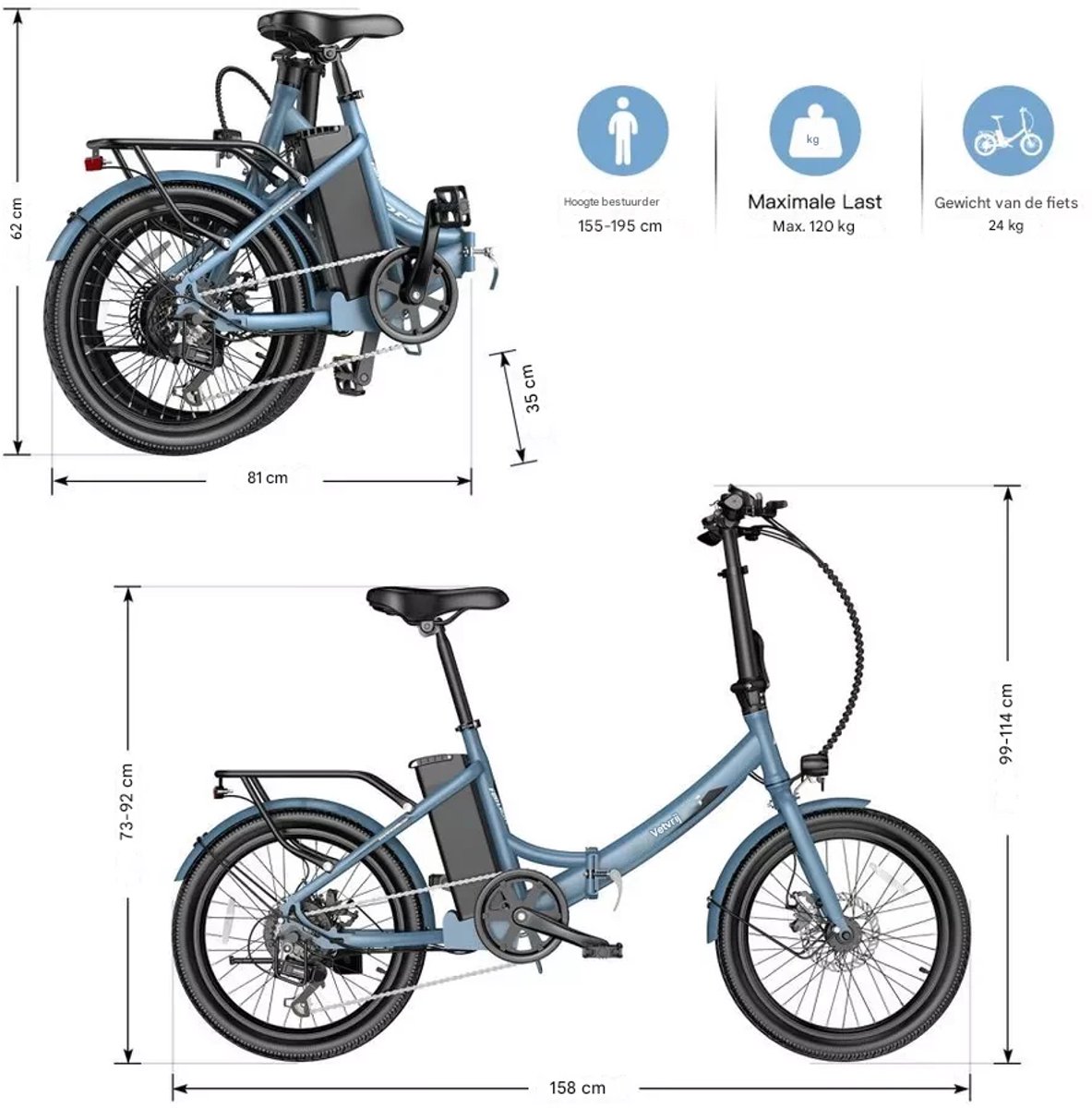20 inch Elektrische fiets(155-195 cm) - Elektrische vouwfietsen - e-bike, 250 W motor - 16,75 Ah accu - Aluminium Frame - LCD Scherm - E-mountainbike - 25 km/u - bereik tot 130 km - Waterdicht IPX4 – foto 8