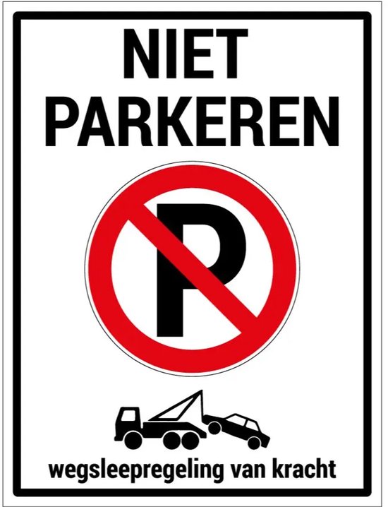 Autocollant interdit de stationner, avec symbole et texte 'ne pas stationner, règlement de remorquage en vigueur'.