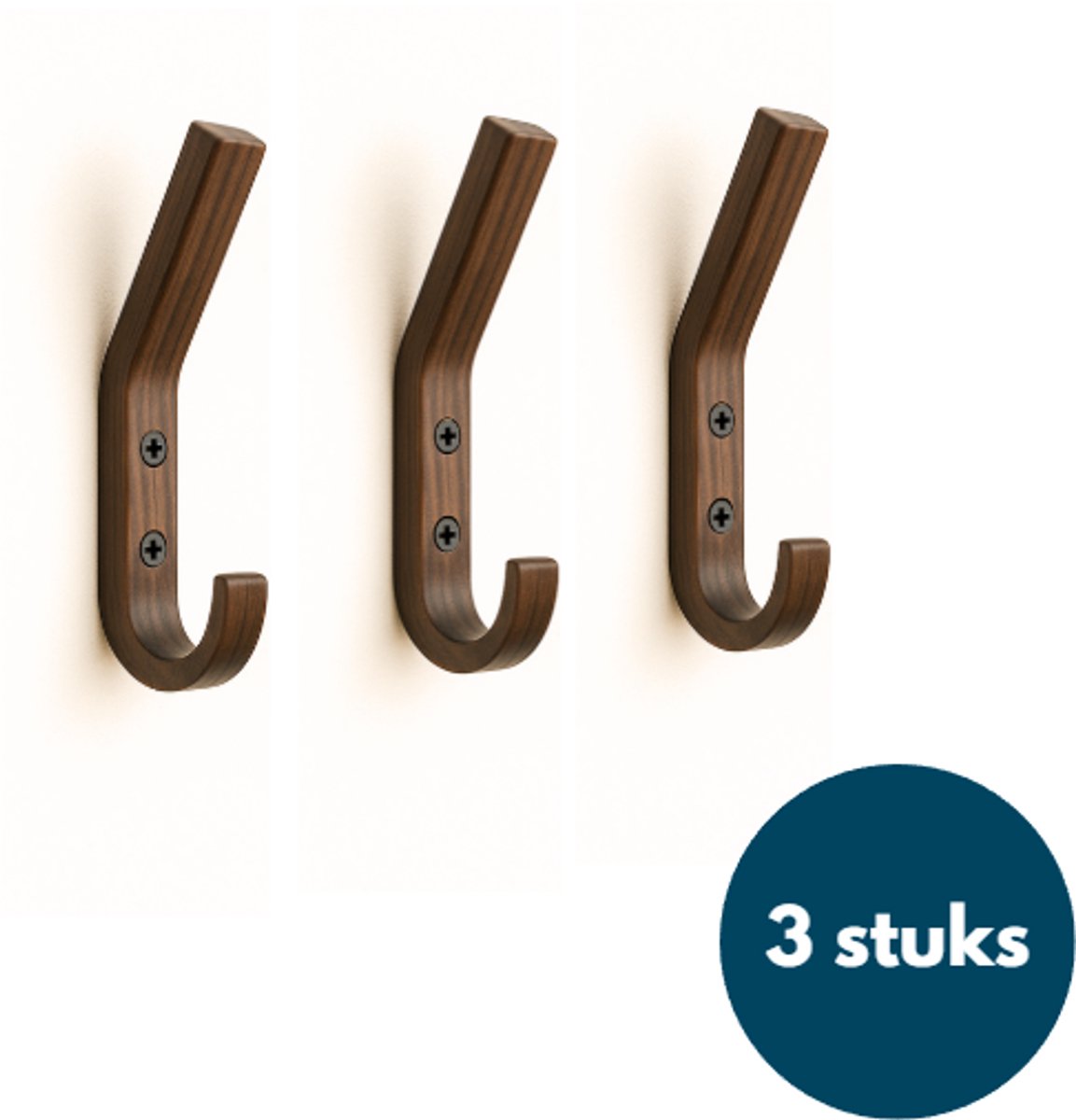 Houten Wandhaken - Walnoot - 3 Stuks - Kapstokhaken - Ophanghaken - Handdoekhaken - Jashaken - Smal