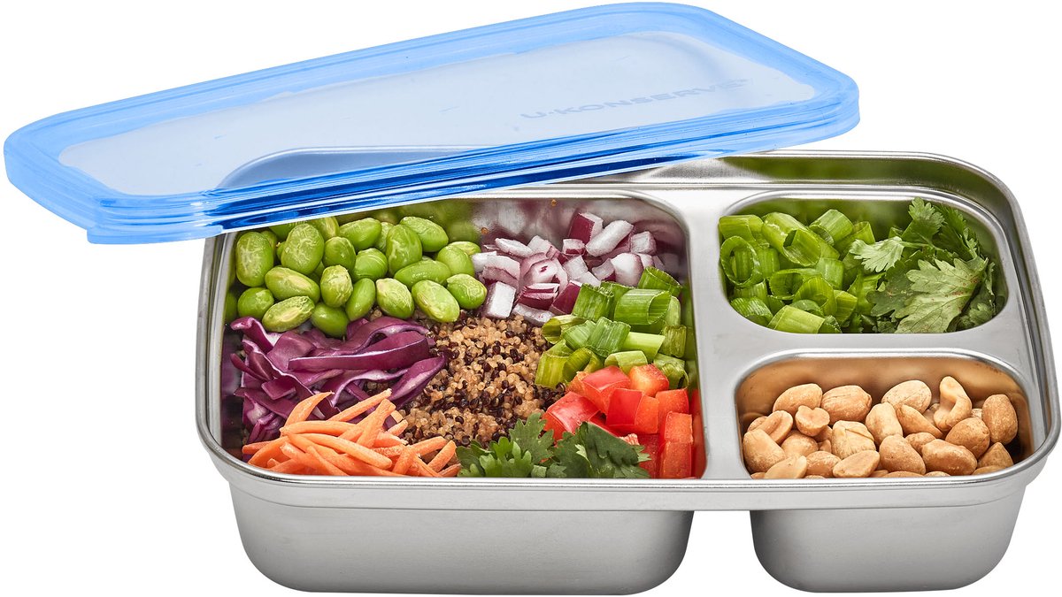 U-Konserve - 3-vaks Rechthoekige RVS Voedselcontainer met Siliconen Deksel - Cosmic Blauw