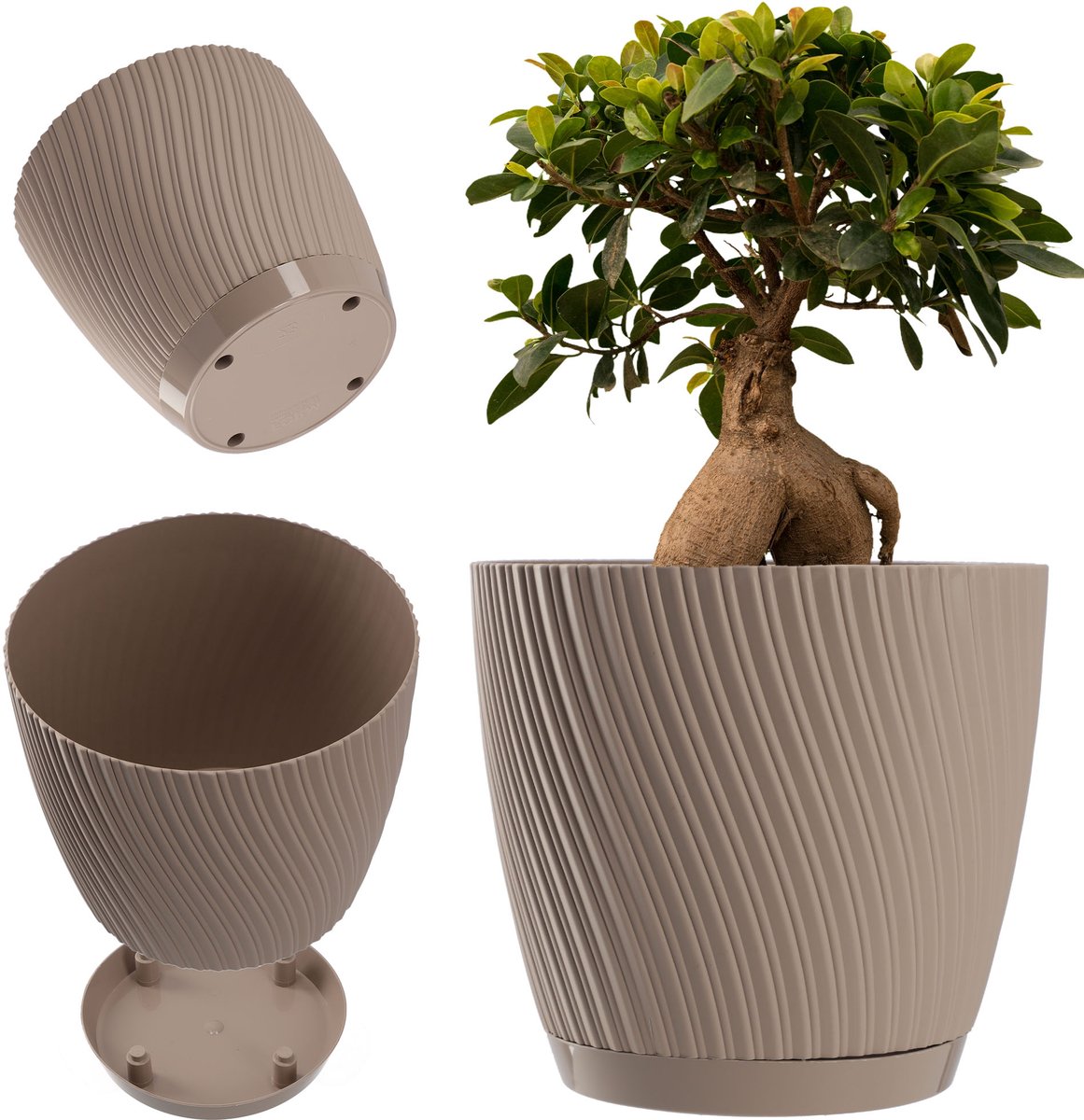 Bloempot met onderzetter - Kweekpot decoratief - Planten verzorgen - Driedimensionaal reliëf - 13 cm diameter - Bruin